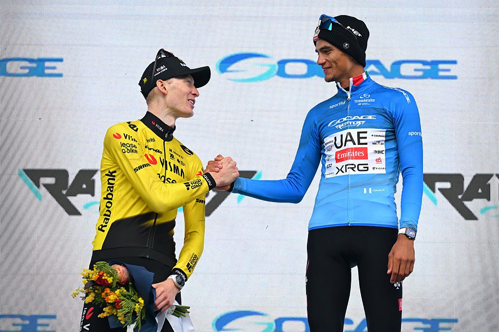 2026 Tirreno-Adriatico: runner-up Matteo Jorgenson (l) with winner Isaac del Toro on the final podium