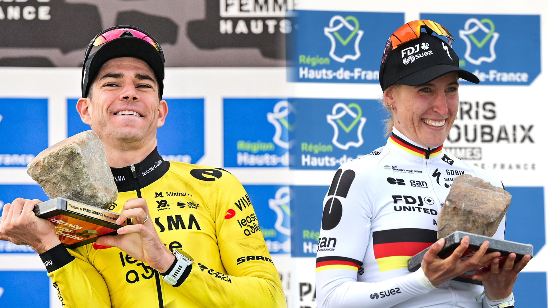 Imagen compuesta de Wout van Aert y Franziska Koch, ambos en el podio de París-Roubaix 2026 con trofeos de adoquín