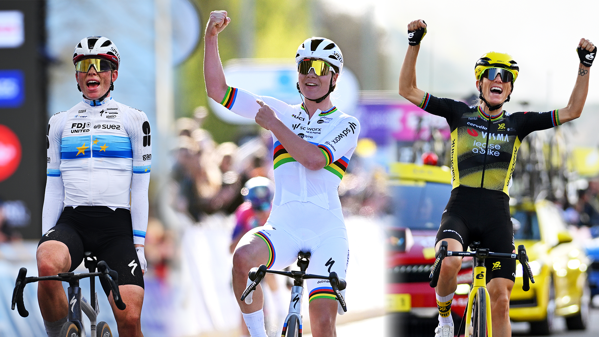 Imagen compuesta que muestra a Demi Vollering, Lotte Kopecky y Pauline Ferrand-Prévot celebrando sus carreras ganadoras.
