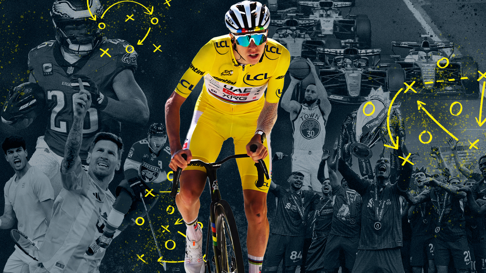 Tadej Pogačar rodeado de estrellas del deporte como fútbol, ​​fútbol americano, tenis, F1, hockey sobre hielo y baloncesto. 