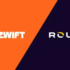 An orange and blue image of Zwift and Rouvy logos