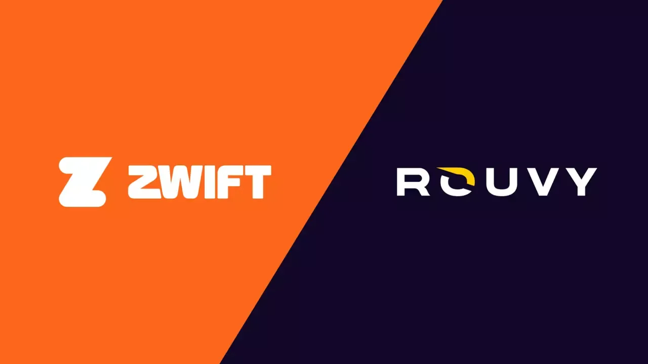 An orange and blue image of Zwift and Rouvy logos