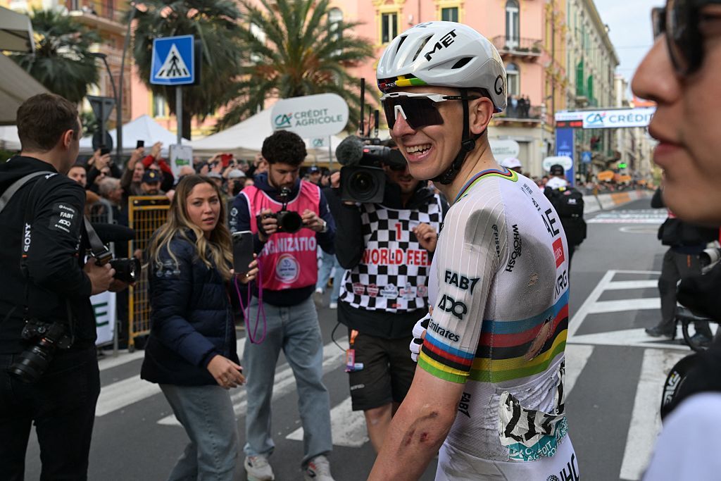 Tadej Pogačar in the torn jersey after winning Milan-San Remo