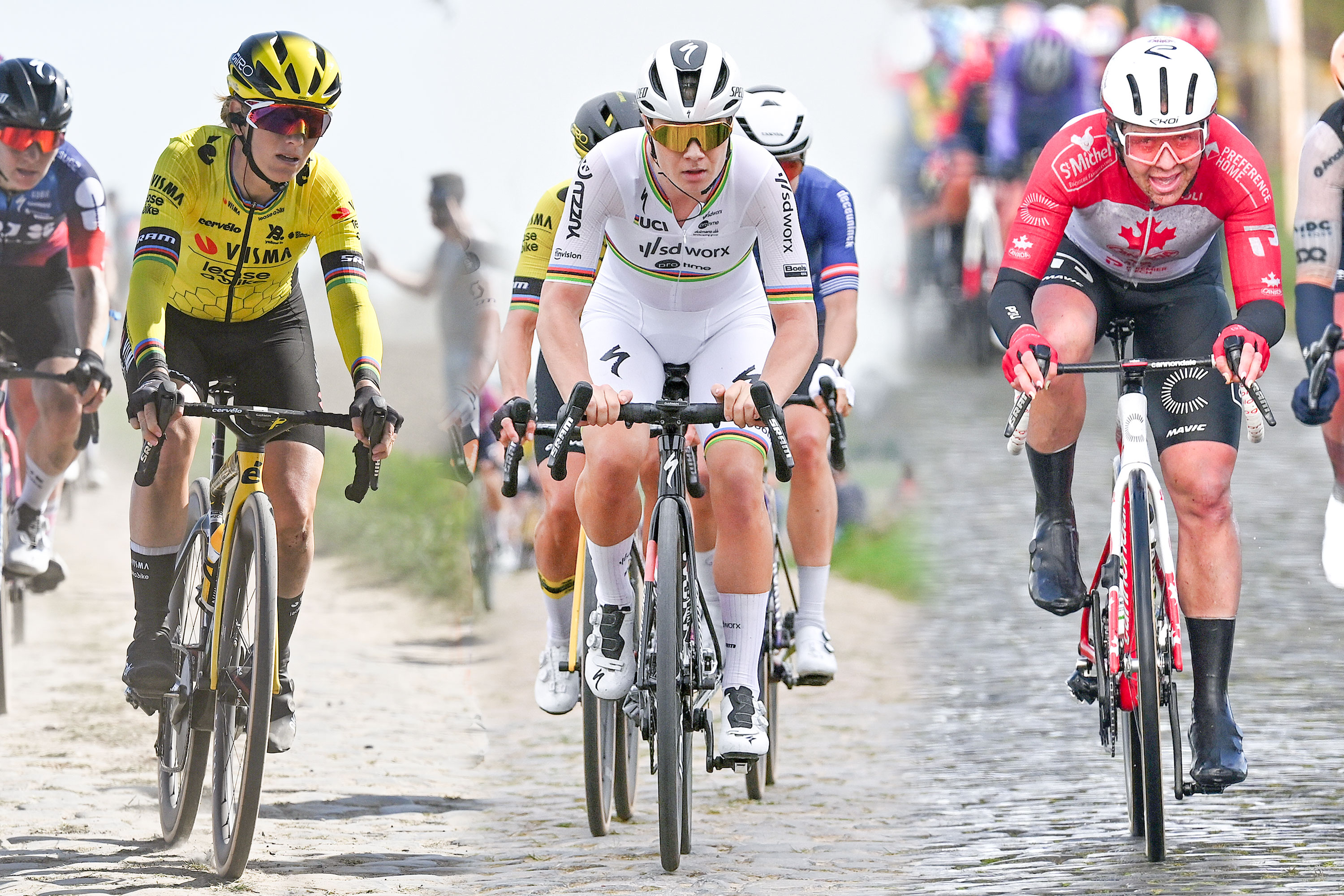 Una imagen compuesta de la ex ganadora de Paris-Roubaix Femmes Pauline Ferrand-Prévot, Lotte Kopecky y Elisa Longo Borghini corriendo sobre adoquines durante ediciones anteriores de la carrera.