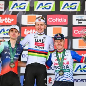 French Paul Seixas of Decathlon CMA CGM Team, Slovenian Tadej Pogacar of UAE Team Emirates-XRG and Belgian Remco Evenepoel of Red Bull-BORA-hansgrohe pictured on the podium after the men elite race of the Liege-Bastogne-Liege