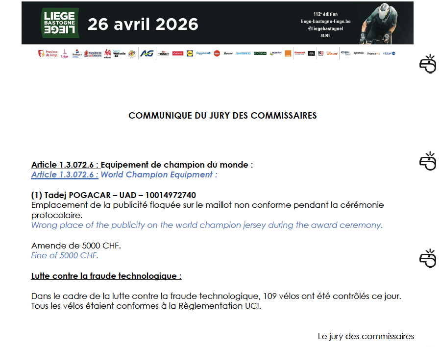 Comunicado oficial de la carrera Li&egrave;Bastogne-Li&egrave;ge 2026
