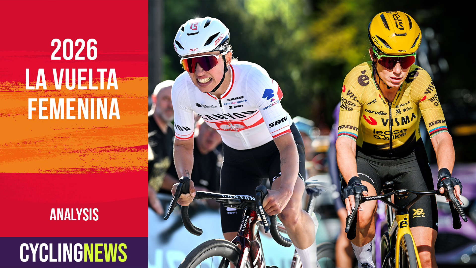 Collage de Kasia Niewiadoma-Phinney y Pauline Ferrand-Prevot, superpuesto con un gráfico de banner de My Bike Vuelta Femenina