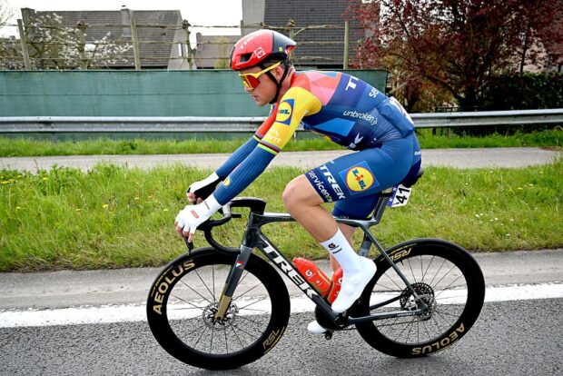 WAREGEM, BELGIUM - APRIL 01: Mads Pedersen of Denmark and Team Lidl - Trek dropped from peloton during the 80th Dwars Door Vlaanderen 2026 - Men&amp;apos;s Elite a 184.6km one day race from Roeselare to Waregem / #UCIWT / on April 01, 2026 in Waregem, Belgium. (Photo by Dario Belingheri/Getty Images)