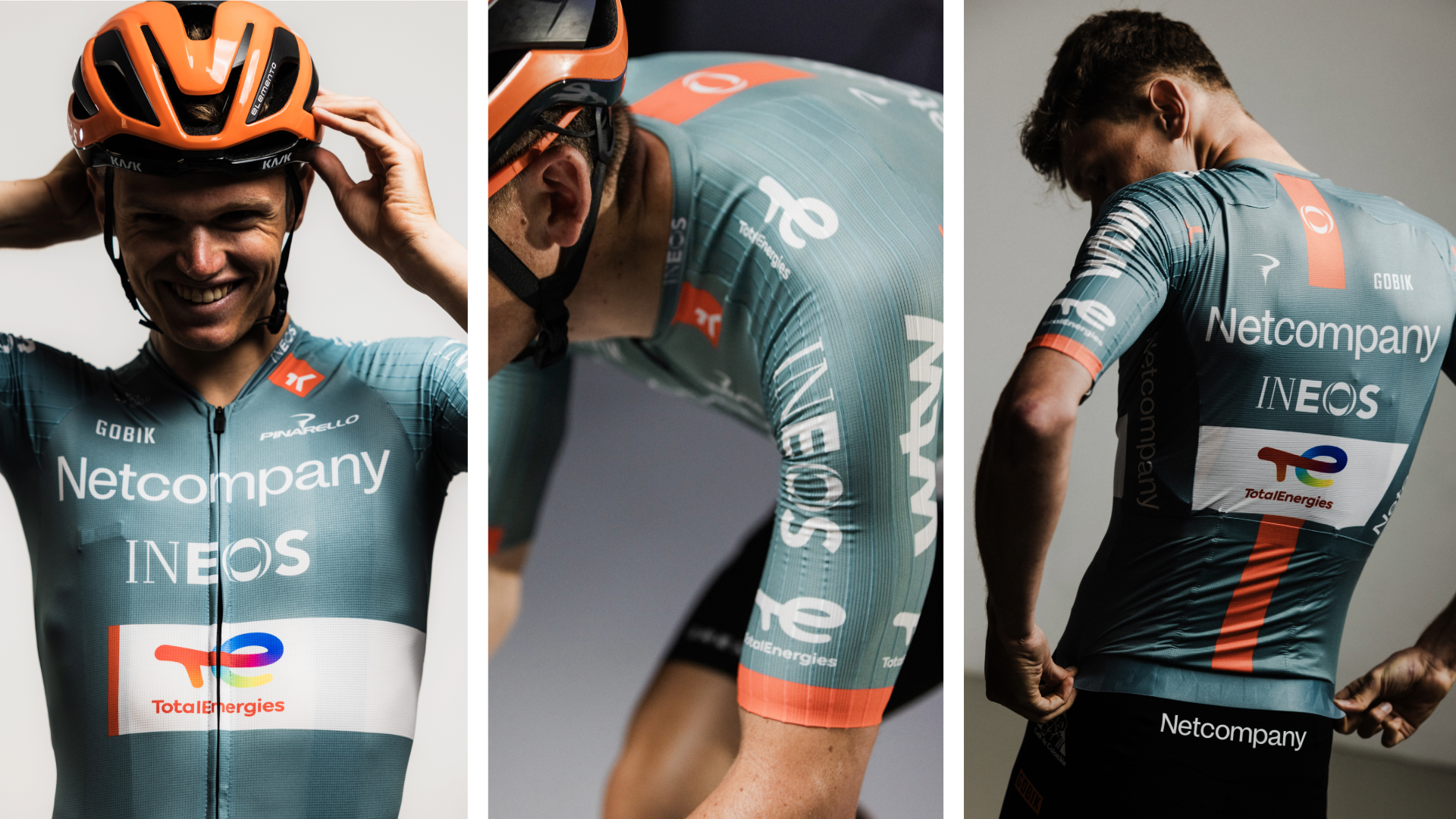 Una imagen de tres fotografías que muestra el nuevo kit Netcompany Ineos, con el panel izquierdo mostrando la parte delantera de la camiseta, el panel derecho mostrando la parte trasera y el panel central mostrando el color de la manga.