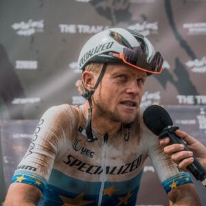Mads Würtz Schmidt (Specialized Off-Road) being interviewed after winning The Traka 360 in 2026