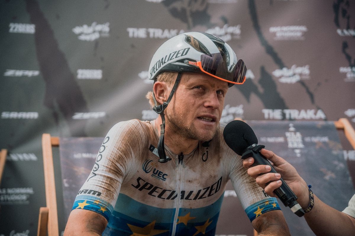 Mads Würtz Schmidt (Specialized Off-Road) being interviewed after winning The Traka 360 in 2026