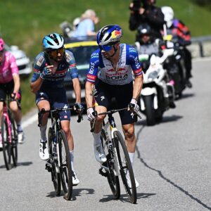 CHARMEY, SWITZERLAND - MAY 02: (L-R) Valentin Paret-Peintre of France and Team Soudal Quick-Step and Primoz Roglic of Slovenia and Team Red Bull - BORA - hansgrohe compete in the breakaway during the 79th Tour de Romandie 2026, Stage 4 a 149.6km stage from Broc to Charmey / #UCIWT / on May 02, 2026 in Charmey, Switzerland. (Photo by Dario Belingheri/Getty Images)