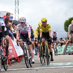 SALVATERRA DE MINO, SPAIN - MAY 03: (L-R) Maeva Squiban of France and UAE Team ADQ, Marianne Vos of Netherlands and Team Visma