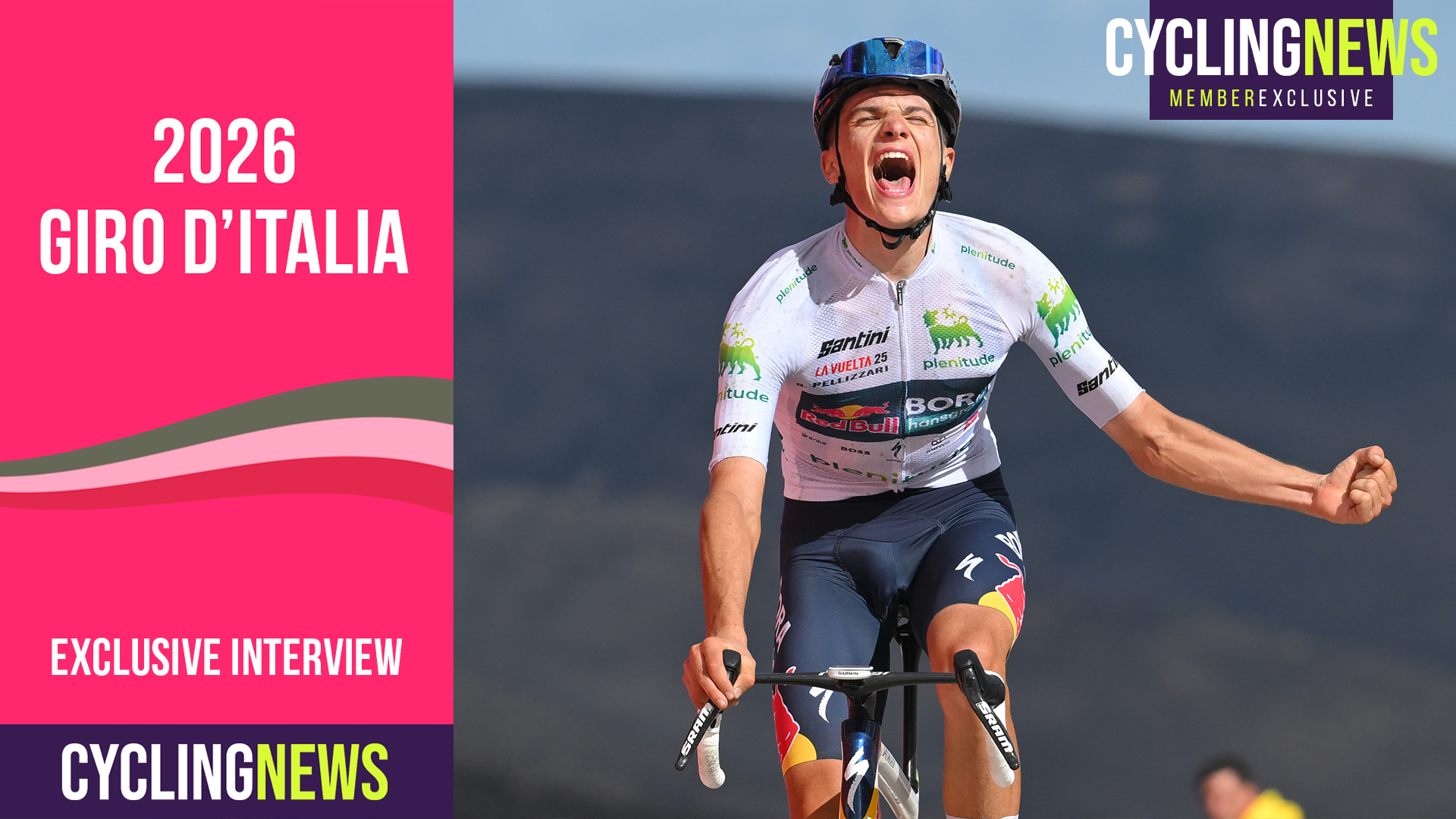 Giulio Pellizzari celebra ganar una etapa de La Vuelta, con un gráfico de cuenta regresiva del Giro de Italia superpuesto