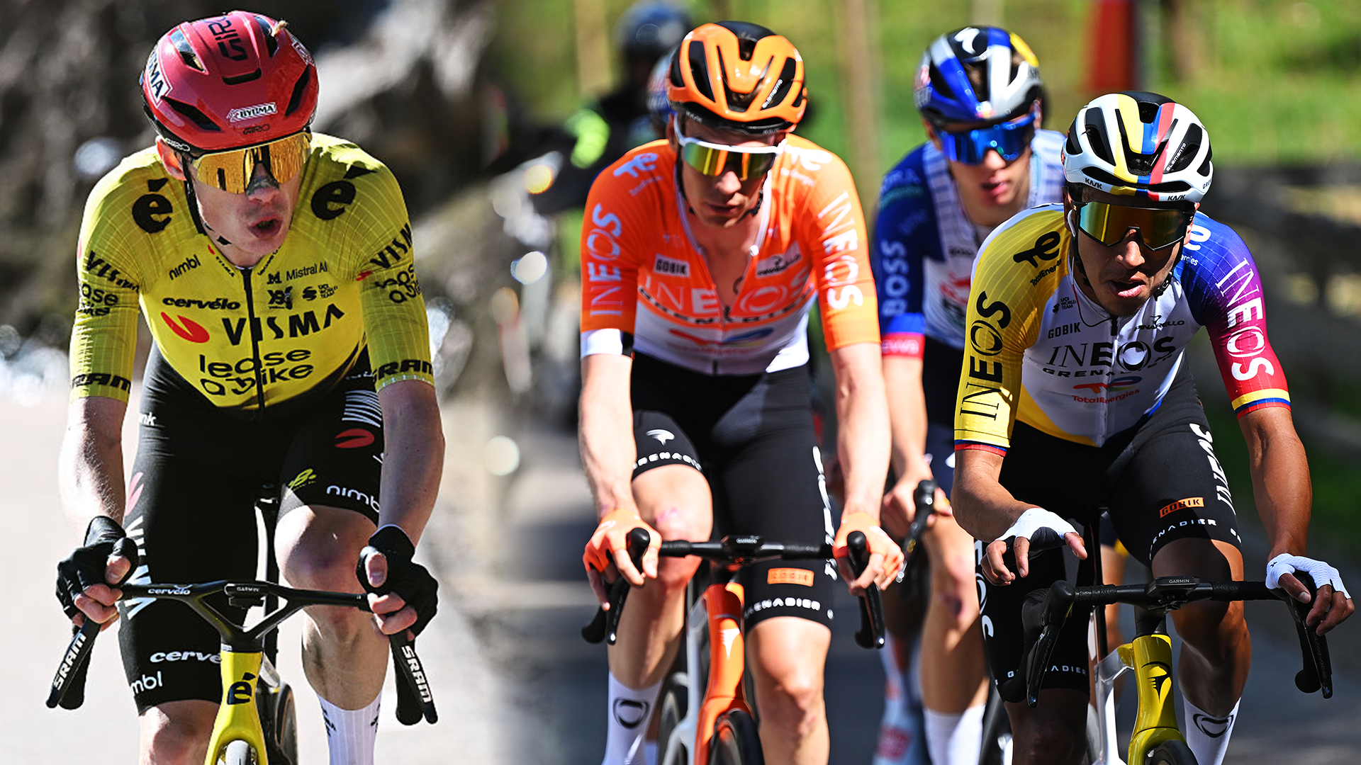 Imagen fusionada de Jonas Vingegaard, Thymen Arensman y Egan Bernal