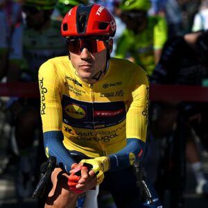 ALBUFEIRA, PORTUGAL - FEBRUARY 21: Juan Ayuso of Spain and Team Lidl - Trek - Yellow Leader Jersey prior to the 52nd Volta ao Algarve em Bicicleta 2026, Stage 4 a 175.1km stage from Albufeira to Lagos on February 21, 2026 in Albufeira, Portugal. (Photo by Dario Belingheri/Getty Images)