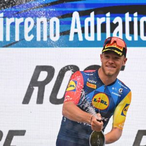 SAN BENEDETTO DEL TRONTO, ITALY - MARCH 15: Jonathan Milan of Italy and Team Lidl - Trek celebrates at podium as stage winner during the 61st Tirreno-Adriatico 2026, Stage 7 a 142km stage from Civitanova Marche to San Benedetto del Tronto / #UCIWT / on March 15, 2026 in San Benedetto del Tronto, Italy. (Photo by Tim de Waele/Getty Images)
