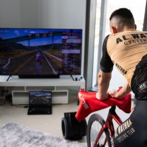 A rider using MyWhoosh indoors