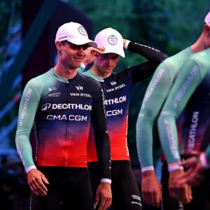 Tobias Lund Andresen walks with his teammates at the team presentation
