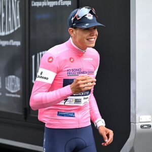 BURGAS, BULGARIA - MAY 08: Detailed view of Paul Magnier of France and Team Soudal Quick-Step celebrates at podium as Pink Leader Jersey winner during the 109th Giro d&amp;apos;Italia 2026, Stage 1 a 147km stage from Nessebar to Burgas / #UCIWT / on May 08, 2026 in Burgas, Bulgaria. (Photo by Dario Belingheri/Getty Images)