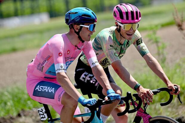 PLOVDIV, BULGARIA - MAY 10: (L-R) Guillermo Thomas Silva of Uruguay and Team XDS Astana - Pink Leader Jersey and Markel Beloki of Spain and Team EF Education - EasyPost compete during the 109th Giro d&amp;apos;Italia 2026, Stage 3 a 175km stage from Plovdiv to Sofia / #UCIWT / on May 10, 2026 in Plovdiv, Bulgaria. (Photo by Dario Belingheri/Getty Images)