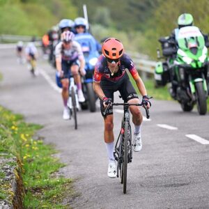 L'ANGLIRU, SPAIN - MAY 09: Stage winner Petra Stiasny of Switzerland and Team Human Powered Health attacks in the breakaway during the 12th La Vuelta Femenina 2026, Stage 7 a 132.9km stage from Pola de Laviana to L'Angliru 1555m / #UCIWWT / on May 09, 2026 in Pola de Laviana, Spain. (Photo by Szymon Gruchalski/Getty Images)
