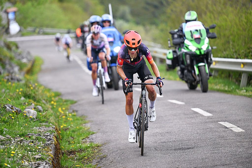 L'ANGLIRU, SPAIN - MAY 09: Stage winner Petra Stiasny of Switzerland and Team Human Powered Health attacks in the breakaway during the 12th La Vuelta Femenina 2026, Stage 7 a 132.9km stage from Pola de Laviana to L'Angliru 1555m / #UCIWWT / on May 09, 2026 in Pola de Laviana, Spain. (Photo by Szymon Gruchalski/Getty Images)