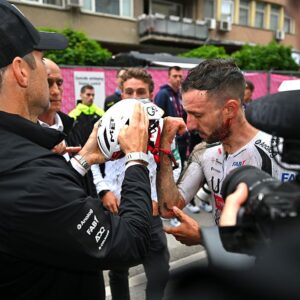 VELIKO TARNOVO, BULGARIA - MAY 09: (EDITORS NOTE: Image depicts graphic content.) Adam Yates of Great Britain and UAE Team Emirates - XRG injured after the 109th Giro d'Italia 2026, Stage 2 a 221km stage from Burgas to Veliko Tarnovo / #UCIWT / on May 09, 2026 in Veliko Tarnovo, Bulgaria. (Photo by Tim de Waele/Getty Images)