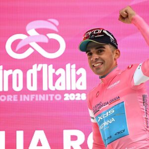 VELIKO TARNOVO, BULGARIA - MAY 09: Guillermo Thomas Silva of Uruguay and Team XDS Astana celebrates at podium as Pink Leader Jersey winner during the 109th Giro d&amp;apos;Italia 2026, Stage 2 a 221km stage from Burgas to Veliko Tarnovo / #UCIWT / on May 09, 2026 in Veliko Tarnovo, Bulgaria. (Photo by Dario Belingheri/Getty Images)