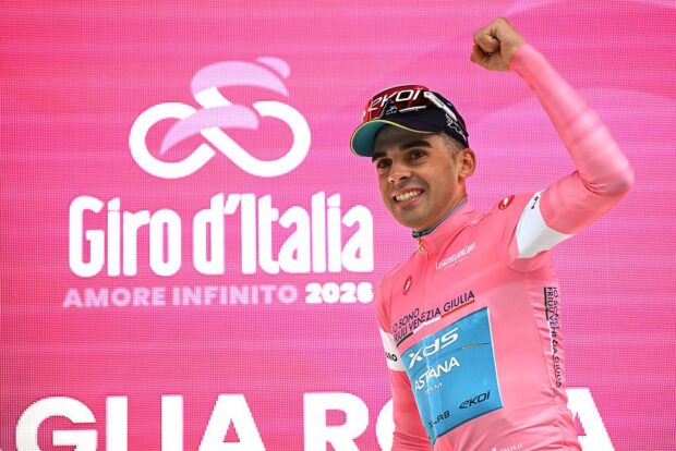 VELIKO TARNOVO, BULGARIA - MAY 09: Guillermo Thomas Silva of Uruguay and Team XDS Astana celebrates at podium as Pink Leader Jersey winner during the 109th Giro d&amp;apos;Italia 2026, Stage 2 a 221km stage from Burgas to Veliko Tarnovo / #UCIWT / on May 09, 2026 in Veliko Tarnovo, Bulgaria. (Photo by Dario Belingheri/Getty Images)