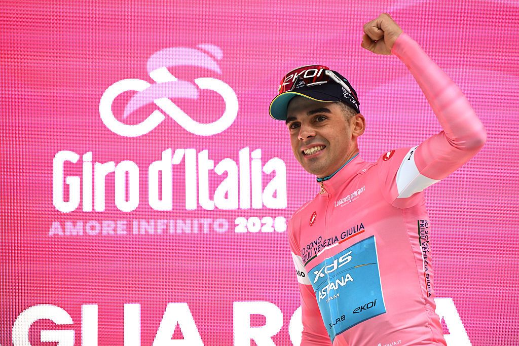 VELIKO TARNOVO, BULGARIA - MAY 09: Guillermo Thomas Silva of Uruguay and Team XDS Astana celebrates at podium as Pink Leader Jersey winner during the 109th Giro d&amp;apos;Italia 2026, Stage 2 a 221km stage from Burgas to Veliko Tarnovo / #UCIWT / on May 09, 2026 in Veliko Tarnovo, Bulgaria. (Photo by Dario Belingheri/Getty Images)