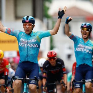 XDS Astana Team Uruguayan rider Guillermo Silva celebrates as he crossing the finish line in the 2nd stage of the Giro d'Italia 2026 - Tour of Italy cycling race between Burgas and Veliko Tarnovo, Bulgaria, on May 9, 2026. (Photo by Luca Bettini / AFP)