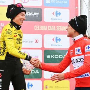 Marion Bunel and Paula Blasi on the final podium of La Vuelta Femenina 2026