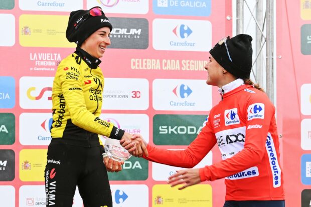 Marion Bunel and Paula Blasi on the final podium of La Vuelta Femenina 2026