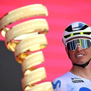 Enric Mas of Spain and Team Movistar and a view of Trofeo Senza Fine prior to the 109th Giro d&amp;apos;Italia 2026, Stage 1 a 147km stage from Nessebar to Burgas / #UCIWT / on May 08, 2026 in Nessebar, Bulgaria. (Photo by Dario Belingheri/Getty Images)