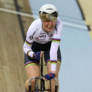 Katie Archibald of Great Britain celebrates victory in the Women&amp;apos;s Omnium Elimination Race during day three of the UCI Track Nations Cup in Glasgow