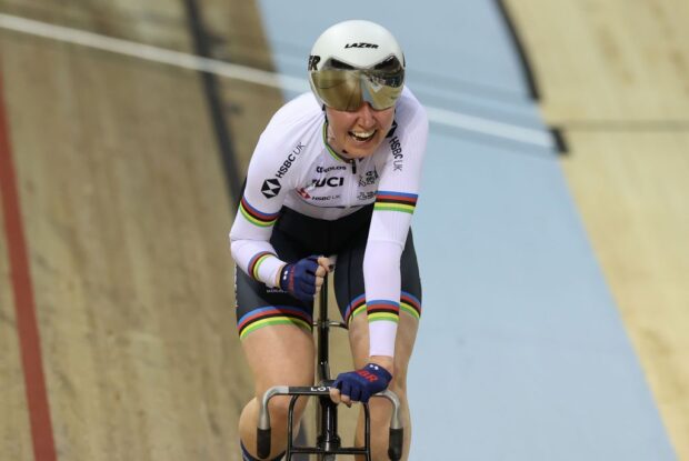 Katie Archibald of Great Britain celebrates victory in the Women&amp;apos;s Omnium Elimination Race during day three of the UCI Track Nations Cup in Glasgow