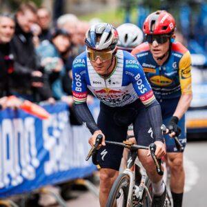 MAASTRICHT, NETHERLANDS - APRIL 19: Mattias Skjelmose of Lidl - Trek of Denmark, Remco Evenepoel of Red Bull - BORA - hansgrohe of Belgium, Romain Gregoire of Groupama - FDJ United of France during the match between Amstel Gold Race v Men Elite at the Vrijhof on April 19, 2026 in Maastricht Netherlands (Photo by Pim Waslander/Soccrates/Getty Images)