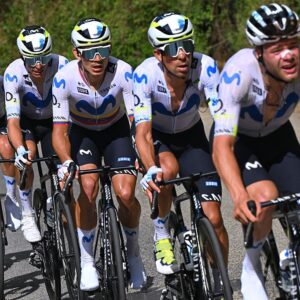 COSENZA, ITALY - MAY 12: (L-R) Einer Rubio of Colombia, Enric Mas of Spain, Orluis Aular of Venezuela and Nelson Oliveira of Portugal and Team Movistar compete during the 109th Giro d&amp;apos;Italia 2026, Stage 4 a 138km stage from Catanzaro to Cosenza / #UCIWT / on May 12, 2026 in Cosenza, Italy. (Photo by Tim de Waele/Getty Images)