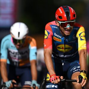 Giulio Ciccone at the Giro d'Italia racing to the finish line on stage 4 and moving into the overall leader's jersey