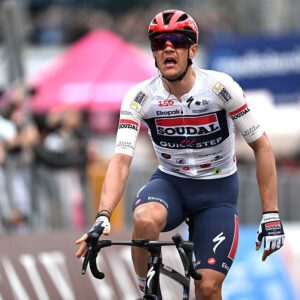 BURGAS, BULGARIA - MAY 08: Jasper Stuyven of Belgium and Team Soudal Quick-Step celebrates the victory of his teammate Paul Magnier of France during the 109th Giro d&amp;apos;Italia 2026, Stage 1 a 147km stage from Nessebar to Burgas / #UCIWT / on May 08, 2026 in Burgas, Bulgaria. (Photo by Tim de Waele/Getty Images)