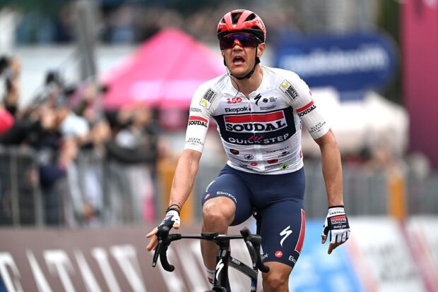 BURGAS, BULGARIA - MAY 08: Jasper Stuyven of Belgium and Team Soudal Quick-Step celebrates the victory of his teammate Paul Magnier of France during the 109th Giro d&amp;apos;Italia 2026, Stage 1 a 147km stage from Nessebar to Burgas / #UCIWT / on May 08, 2026 in Burgas, Bulgaria. (Photo by Tim de Waele/Getty Images)