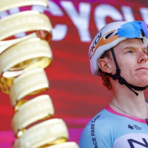 Jake Stewart (NSN) alongside the Trofeo Senza Fine ahead of the opening stage of the 2026 Giro d'Italia