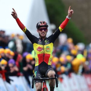 Eli Iserbyt (Pauwels Sauzen) celebrates winning the Grand Prix Sven Nys men's elite race in Baal on January 1, 2025. (Photo by DAVID PINTENS/Belga/AFP via Getty Images)