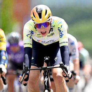 AMOREBIETA-ETXANO, SPAIN - MAY 16: Mischa Bredewold of Netherlands and Team SD Worx - Protime - Yellow Leader Jersey crosses the finish line during the 5th Itzulia Women 2026, Stage 2 a 138km stage from Abadino to Amorebieta-Etxano / #UCIWWT / on May 16, 2026 in Amorebieta-Etxano, Spain. (Photo by Szymon Gruchalski/Getty Images)