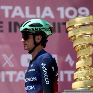 Decathlon CMA CGM Team Austrian rider Felix Gall arrives on the signature podium before the 8th stage of the Giro d'Italia 2026
