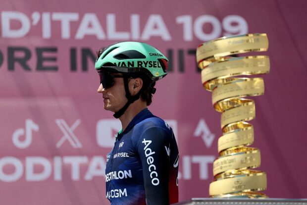 Decathlon CMA CGM Team Austrian rider Felix Gall arrives on the signature podium before the 8th stage of the Giro d'Italia 2026