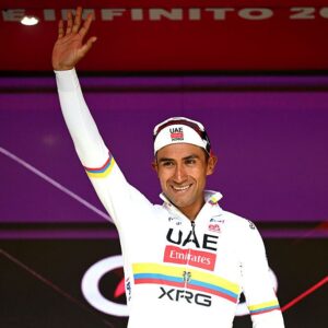 FERMO, ITALY - MAY 16: Jhonatan Narvaez of Ecuador and UAE Team Emirates - XRG celebrates at podium as stage winner during the 109th Giro d&amp;apos;Italia 2026, Stage 8 a 156km stage from Chieti to Fermo 315m / #UCIWT / on May 16, 2026 in Fermo, Italy. (Photo by Dario Belingheri/Getty Images)