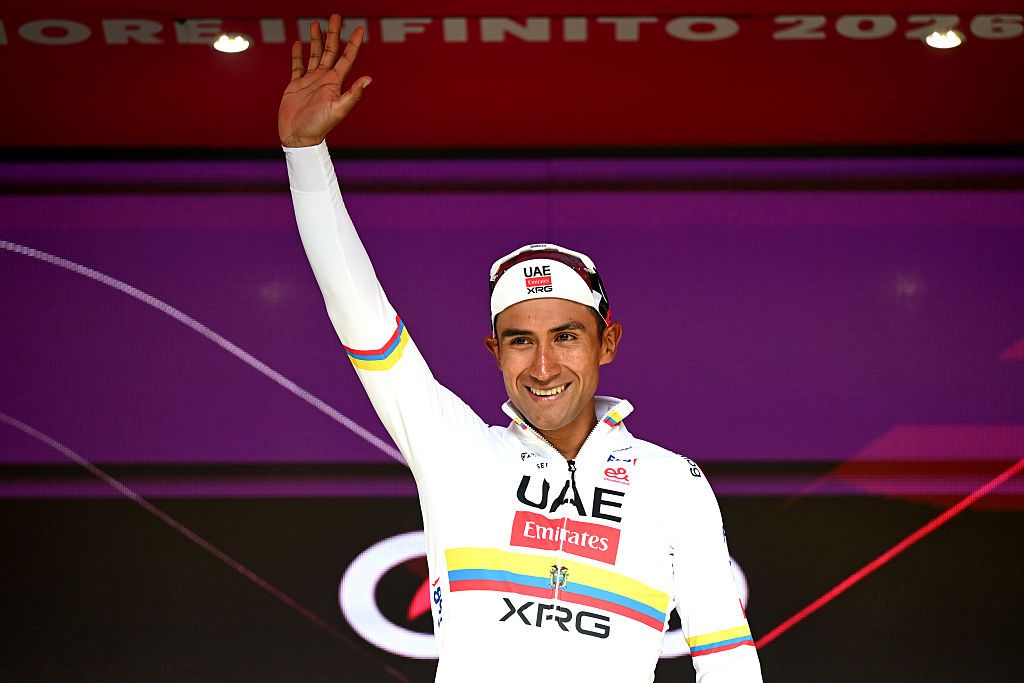 FERMO, ITALY - MAY 16: Jhonatan Narvaez of Ecuador and UAE Team Emirates - XRG celebrates at podium as stage winner during the 109th Giro d&amp;apos;Italia 2026, Stage 8 a 156km stage from Chieti to Fermo 315m / #UCIWT / on May 16, 2026 in Fermo, Italy. (Photo by Dario Belingheri/Getty Images)