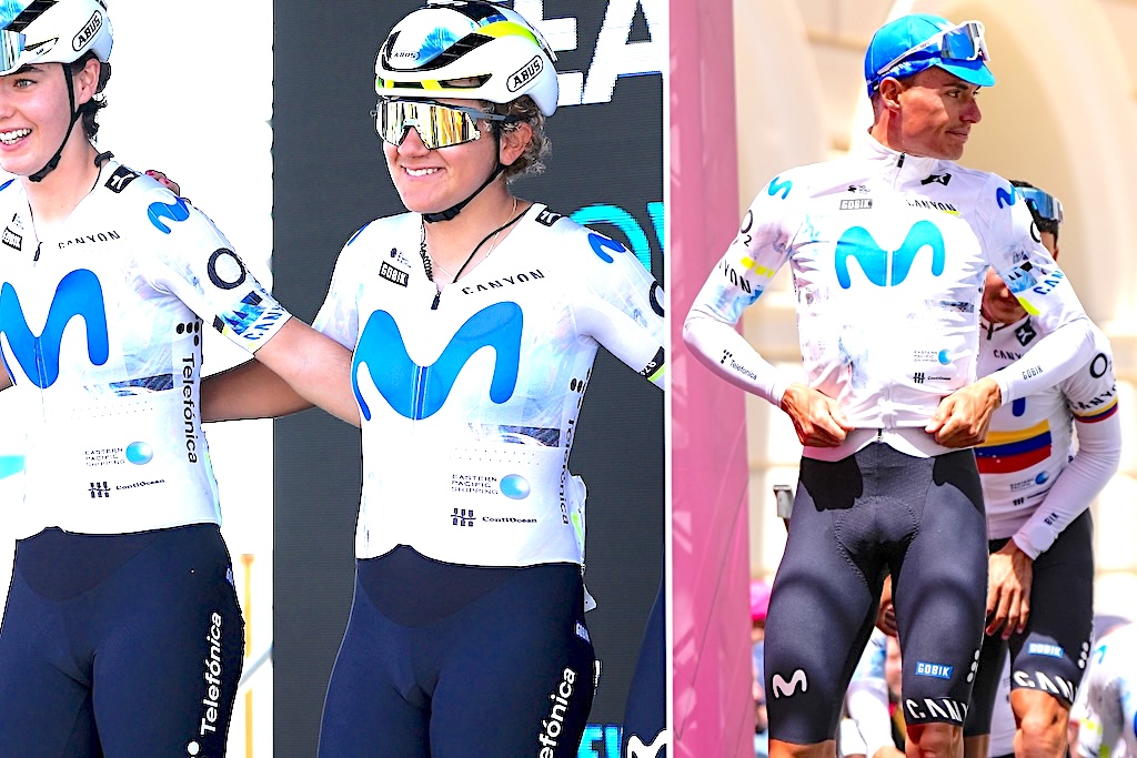 Una imagen dividida que muestra el mono de mujer de Movistar (izquierda) y el mono de hombre (derecha)